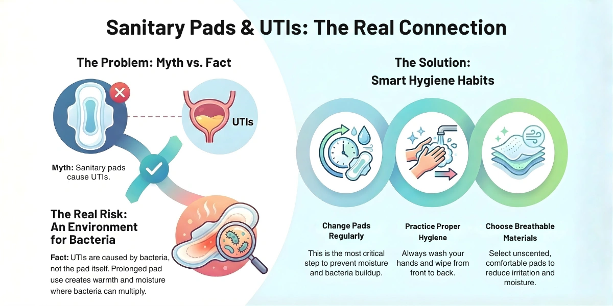 Alt text: Infographic titled "Sanitary Pads & UTIs: The Real Connection". Left side debunks myth that pads cause UTIs, explaining bacteria multiply in warmth. Right side offers hygiene tips: change pads, practice proper hygiene, and choose breathable materials.