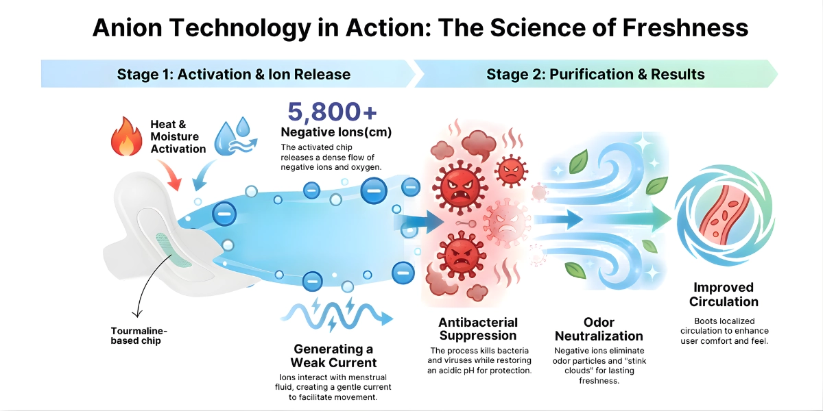 science behind anion technology based sanitary pads, how do it work using infographic